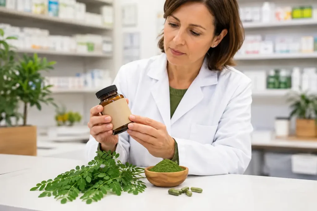 Illustration d’une pharmacienne examinant des gélules et de la poudre de moringa