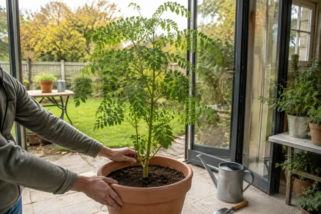 Jeune moringa cultivé en pot sur une véranda en France pour être protégé du gel